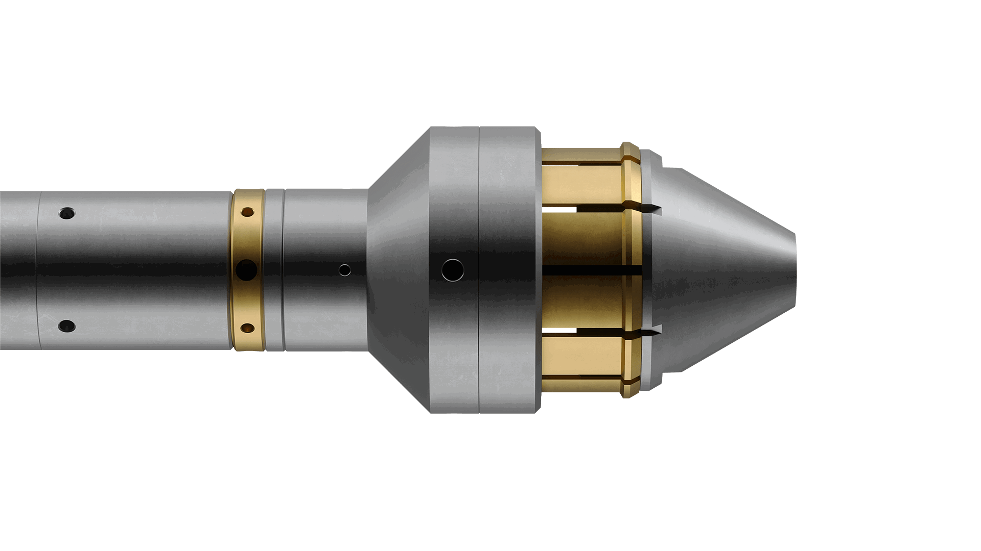 Close up of the Well Key GS pulling tool showing gold expandable segments and conical tip, designed for selective retrieval in wellbore operations.