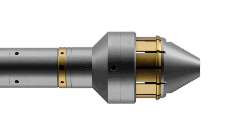 Close up of the Well Key GS pulling tool showing gold expandable segments and conical tip, designed for selective retrieval in wellbore operations.